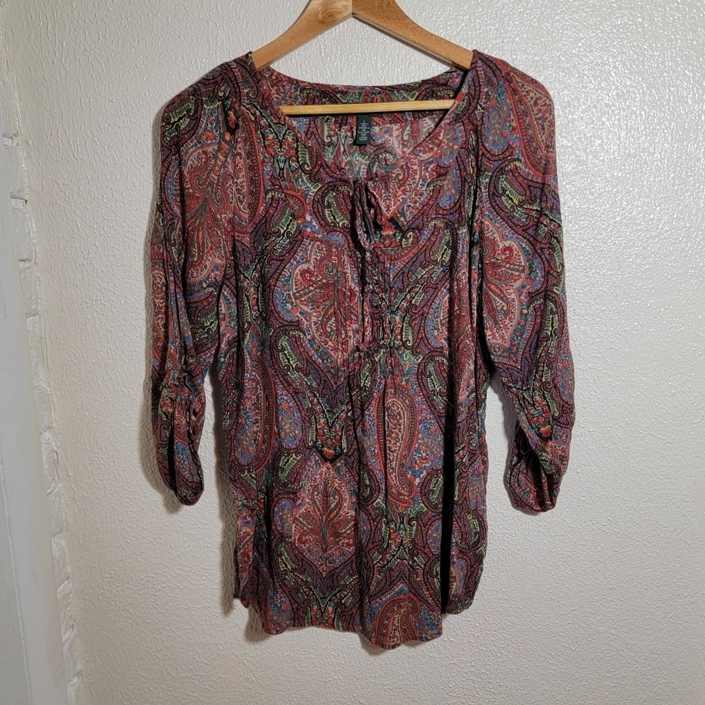 Lauren Ralph Lauren Paisley Pintuck Cotton Muslin Peasant Blouse sz L Red Green